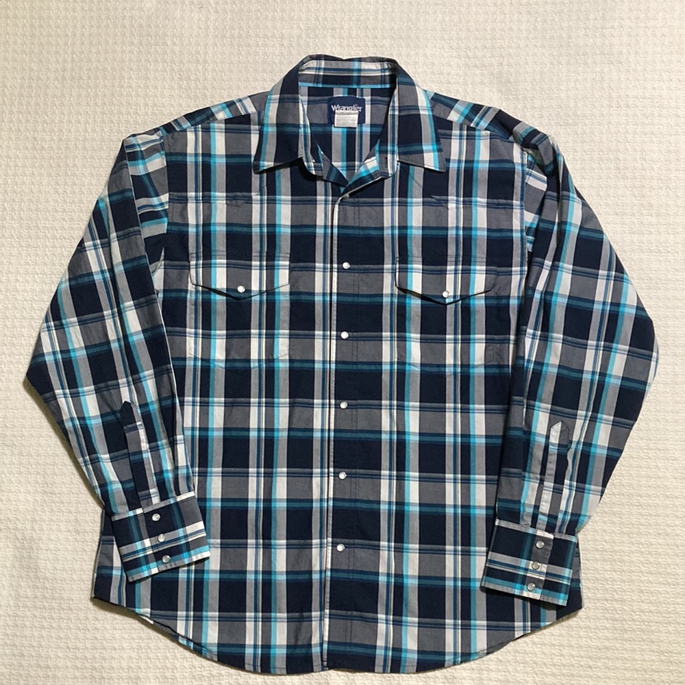 Wrangler Pearl Snap Blue Plaid Long Sleeve Shirt Size XL